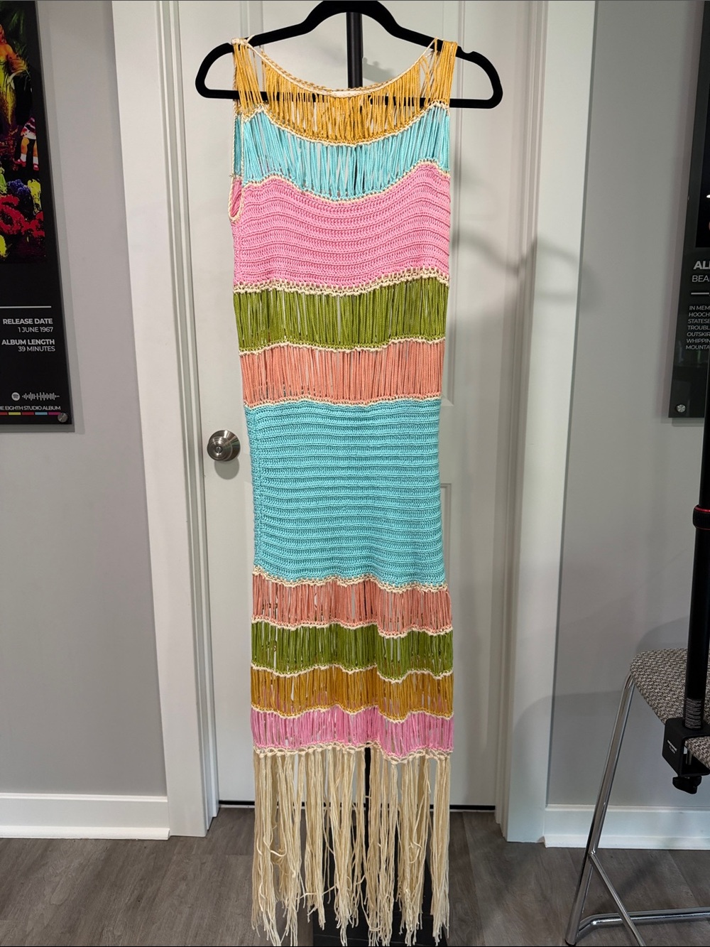 Multi-Color Crochet Fringe Maxi Dress- Pink, Aqua & Olive - Picture 2 of 2